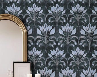 Vintage Blue Damask Wallpaper Peel and Stick Removable Wall Mural Traditional Home Decor Accent Wall Blue Floral Pattern Interior Design