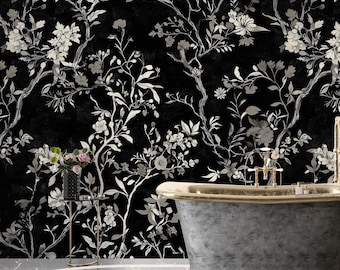 Black and White Chinoiserie Floral Wallpaper Modern Contemporary Painting Japanese Wall Art Elegant Black Floral Wallpaper Traditional Paste