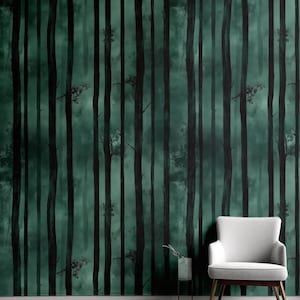 Dark Forest Removable Wallpaper Tall Tree Trunk Black Witchy Wall Art Large Scale Mural Green Peel Stick Entryway Rustic Decal Mudroom Decor