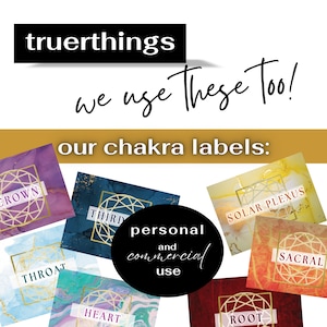 May include: Seven colorful chakra labels with gold geometric designs and text. The labels are for personal and commercial use. The labels feature the following chakras: Crown, Third Eye, Throat, Heart, Solar Plexus, Sacral, and Root.