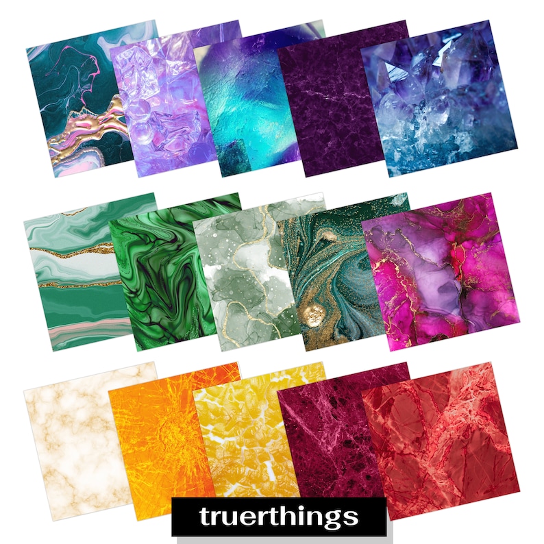 rainbow hued textural background paper in crystal textures, marbled textures, and watercolor abstract art prints. 12 inch by 12 inch square pieces in jpeg format. digital download file.