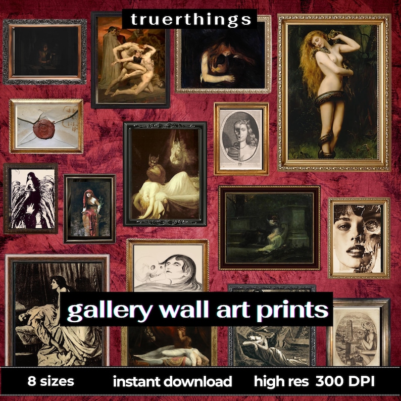 May include: A collage of 14 framed art prints with a variety of subjects, including portraits, landscapes, and abstract designs. The frames are all different colors and styles, and the prints are all high-resolution. The text "gallery wall art prints" is in the center of the image. The text "8 sizes", "instant download", and "high res 300 DPI" are at the bottom of the image.