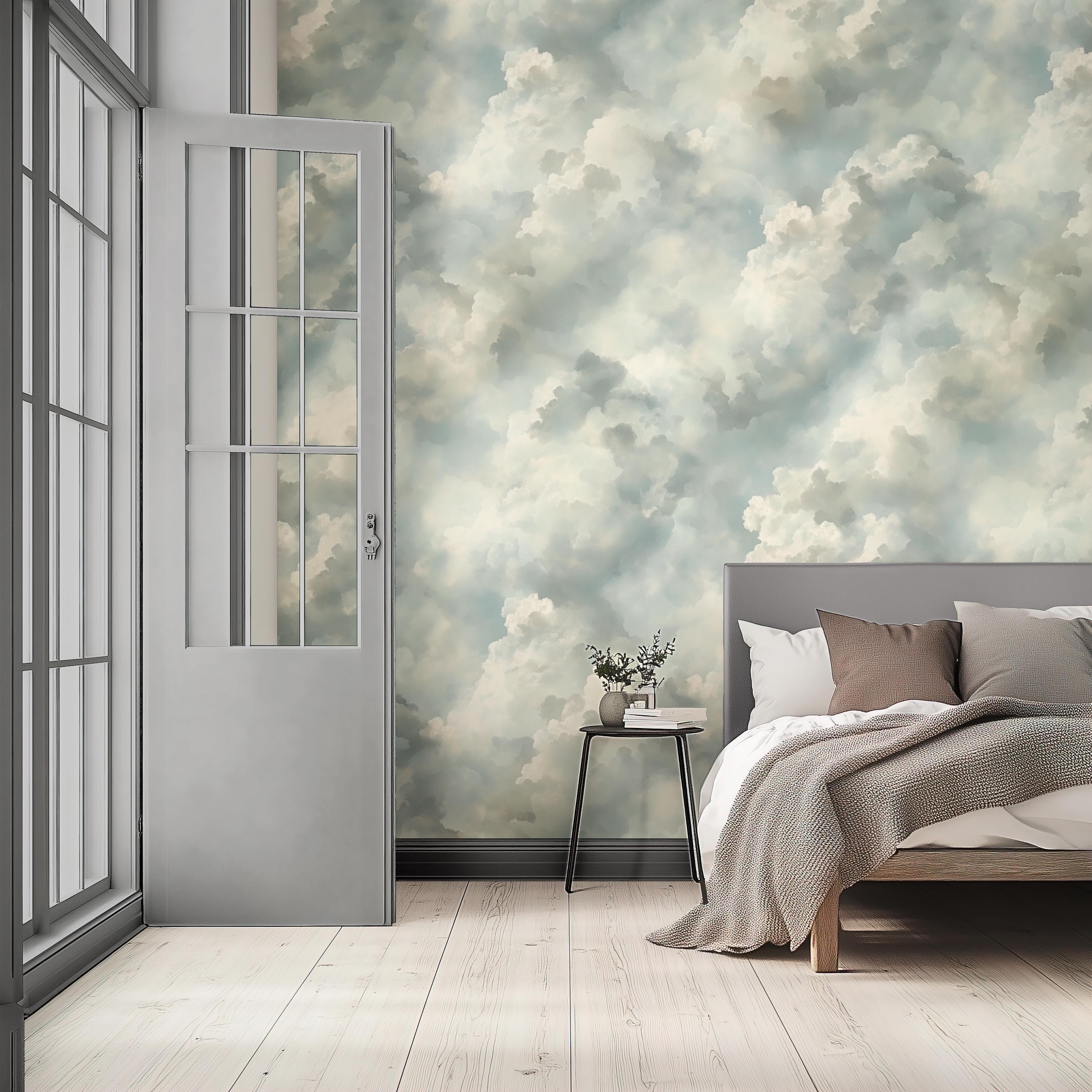 Cloud Wallpaper Light Blue Nursery Decor Cloudy Sky Blue Pastel Mural ...