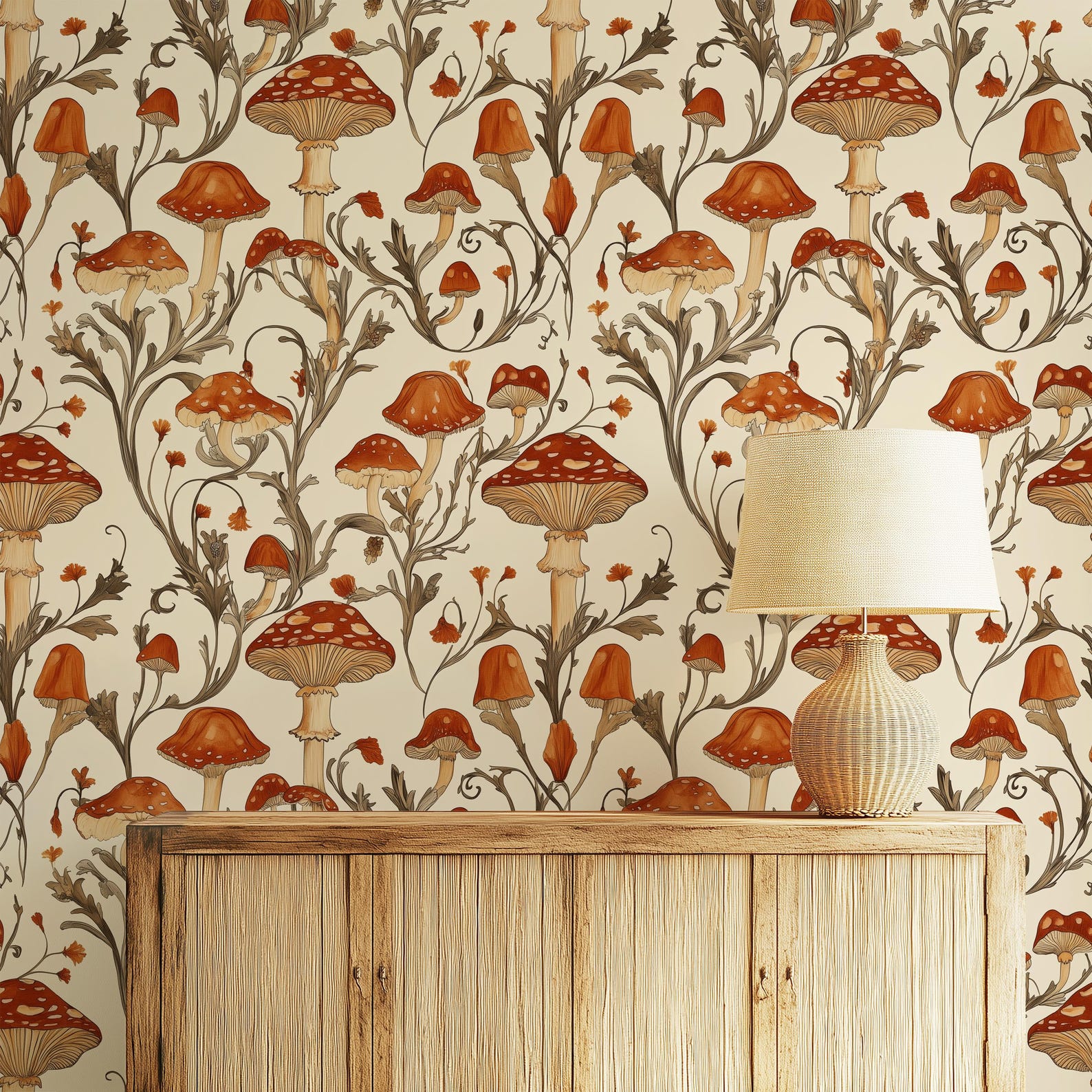 Mushroom Wallpaper Self Adhesive Kids Room Neutral Decor Red Nursery ...