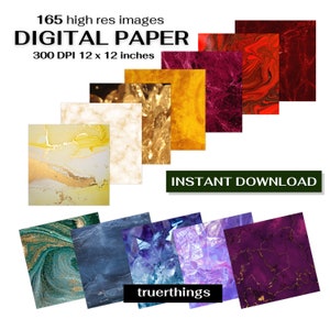 May include: A set of 165 digital papers featuring various marble and crystal textures in vibrant colors, including red, gold, purple, blue, and green. The papers are 12 x 12 inches and 300 DPI.