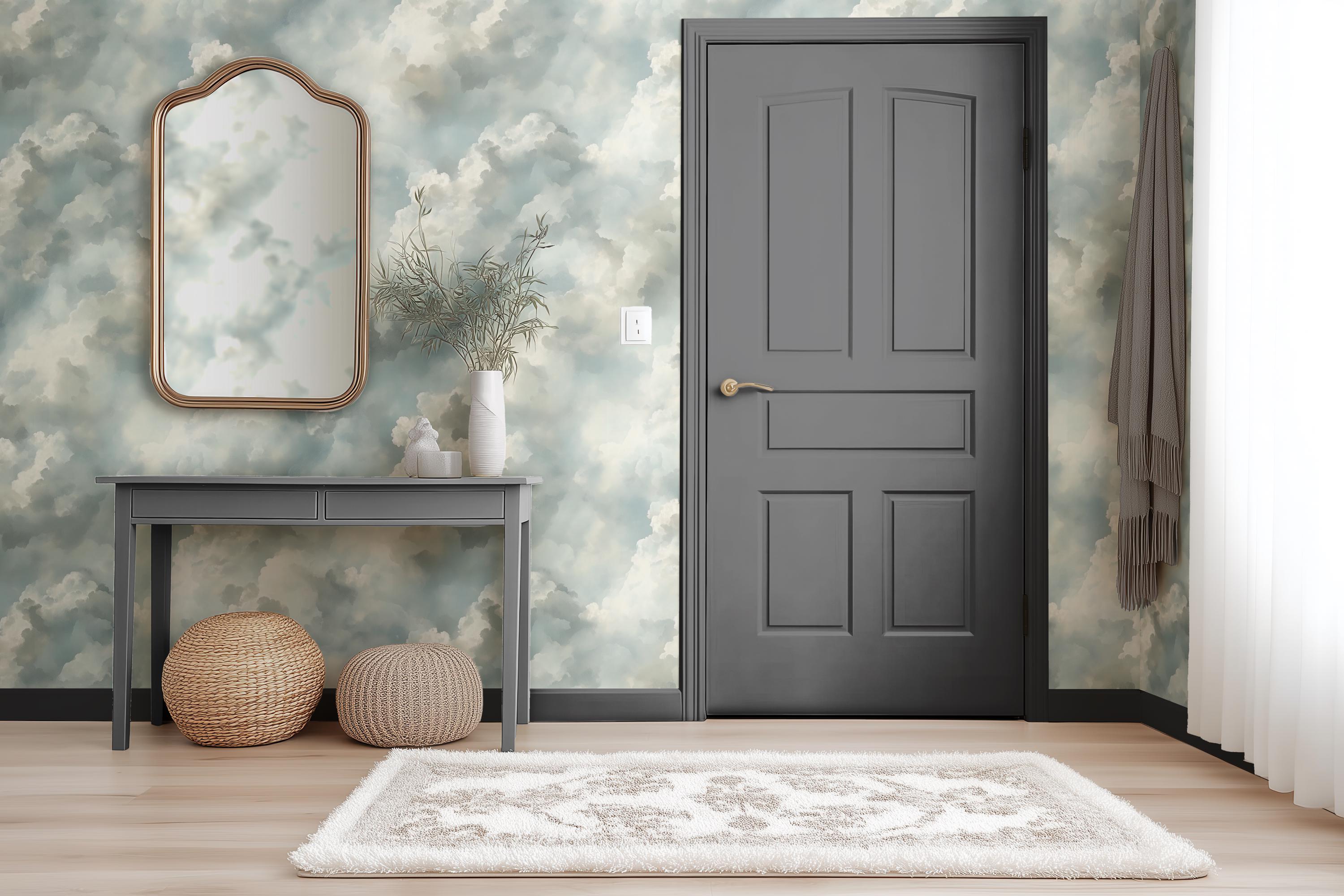Cloud Wallpaper Light Blue Nursery Decor Cloudy Sky Blue Pastel Mural ...