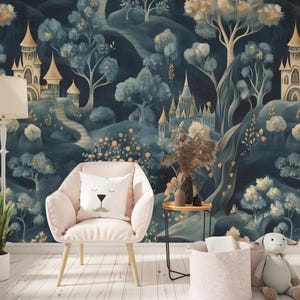 May include: A whimsical mural featuring a fairytale landscape with castles, trees, and winding paths in shades of blue, gold, and white. A pink armchair with a bear-faced pillow sits in front of the mural. A floor lamp and side table complete the scene.