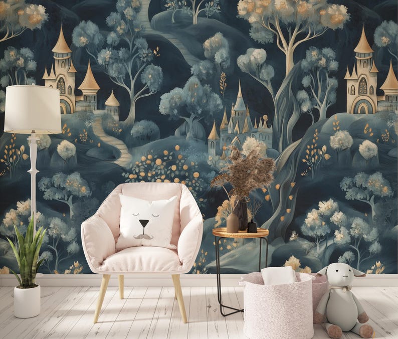 May include: A whimsical mural featuring a fairytale landscape with castles, trees, and winding paths in shades of blue, gold, and white. A pink armchair with a bear-faced pillow sits in front of the mural. A floor lamp and side table complete the scene.