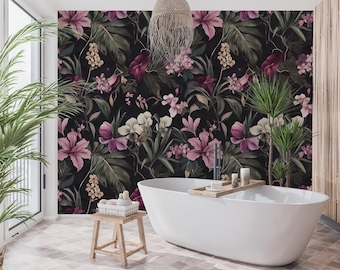 Pink Tropical Wallpaper Maximalist Decor Palm Leaves Botanical Bathroom Peel and Stick Funky Removable Wallpaper Jungle Bathroom Boho Floral
