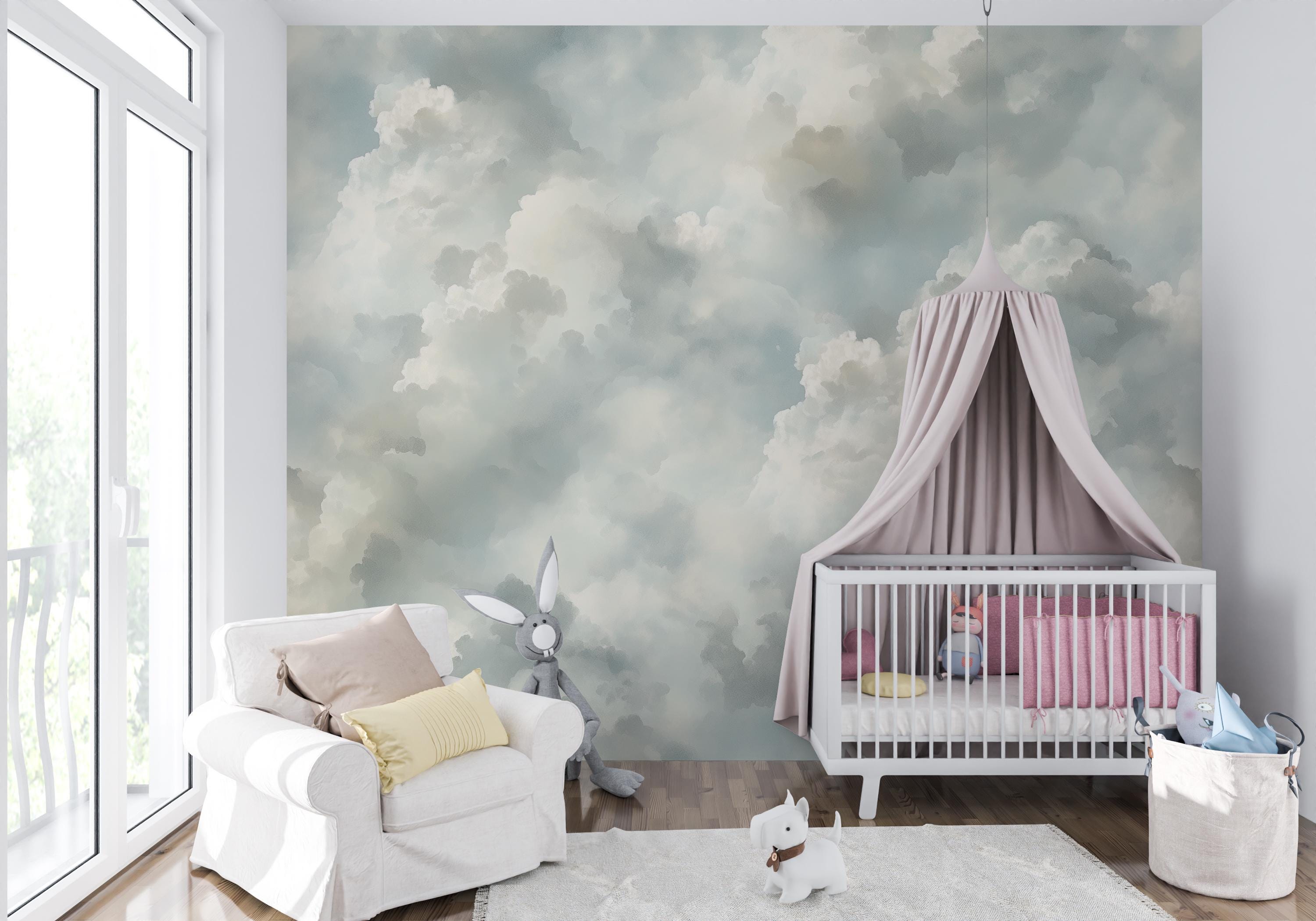 Cloud Wallpaper Light Blue Nursery Decor Cloudy Sky Blue Pastel Mural ...