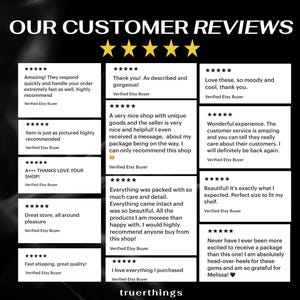 May include: Black and white graphic displaying customer reviews with five-star ratings. The text reads "OUR CUSTOMER REVIEWS" at the top, with various positive comments from verified Etsy buyers.
