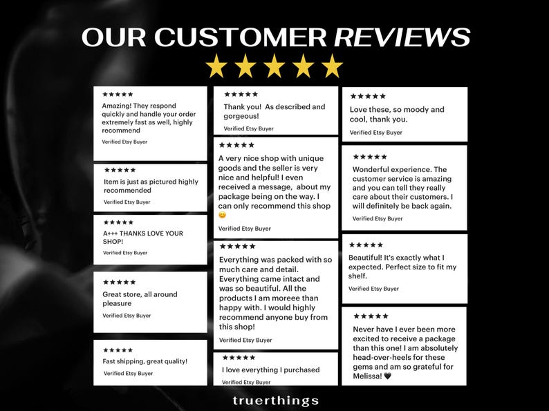 May include: Black and white graphic displaying customer reviews with five-star ratings. The text reads "OUR CUSTOMER REVIEWS" at the top, with various positive comments from verified Etsy buyers.