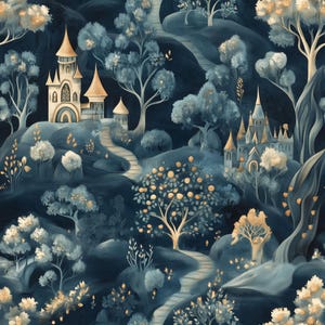 May include: A whimsical illustration depicts a fairytale landscape with castles, winding paths, and lush trees. The color palette features shades of blue, gold, and white, creating a dreamy and enchanting scene. The artwork evokes a sense of fantasy and adventure.
