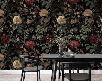 Victorian Wallpaper Roses Dark Vintage Floral Adhesive Wallpaper Peel and Stick Wall Covering Medieval Bedroom Red Maximalist Wall Art Deco