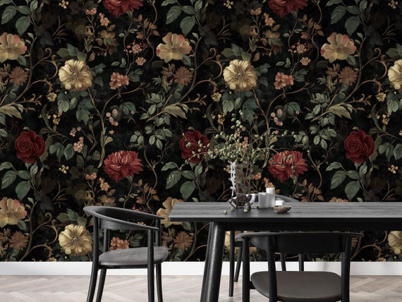 Victorian Wallpaper Roses Dark Vintage Floral Adhesive Wallpaper Peel and Stick Wall Covering Medieval Bedroom Red Maximalist Wall Art Deco