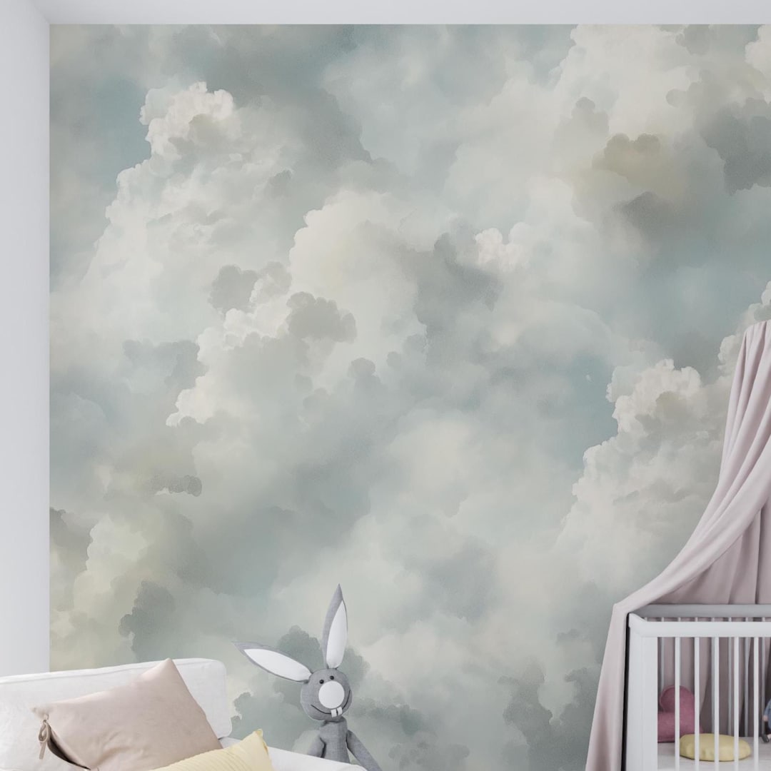 Cloud Wallpaper Light Blue Nursery Decor Cloudy Sky Blue Pastel Mural ...