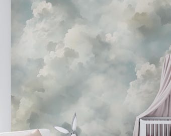 Cloud Wallpaper Light Blue Nursery Decor Cloudy Sky Blue Pastel Mural Powder Blue Wall Art Home Decor Tapestry for Playroom Mural Kids Room