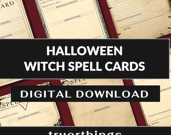 May include: Printable Halloween witch spell cards with a vintage aesthetic. The cards have sections for the witch's name, spell name, intention of the spell, materials needed, instructions, chants, and notes.