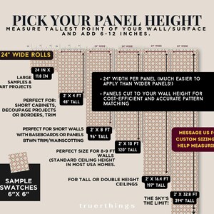 May include: Diagram showing how to measure for wallpaper panels. Includes measurements for various wall heights, from 48 inches to 394 inches tall. The image also shows sample swatches and the text "Pick Your Panel Height".