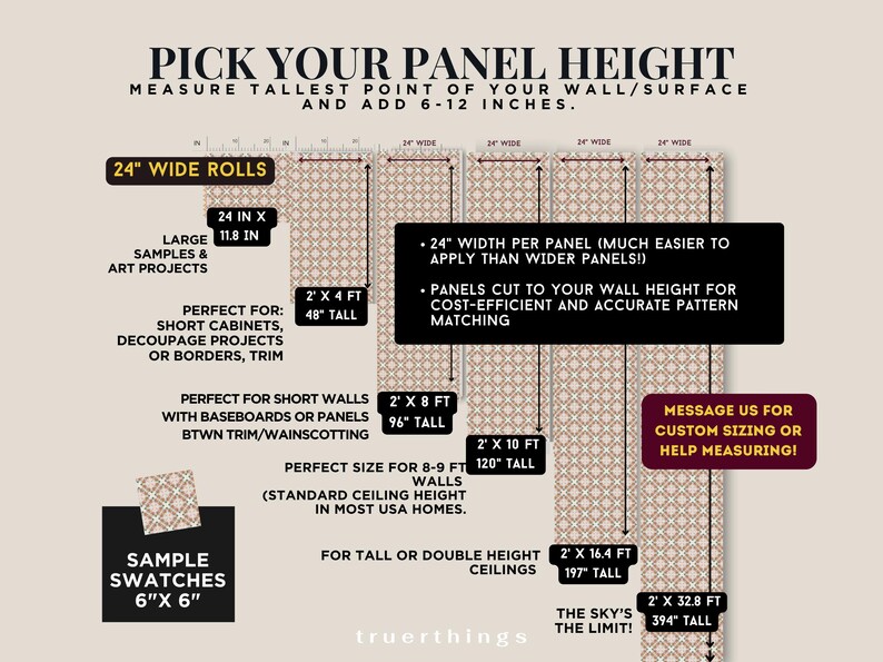 May include: Diagram showing how to measure for wallpaper panels. Includes measurements for various wall heights, from 48 inches to 394 inches tall. The image also shows sample swatches and the text "Pick Your Panel Height".