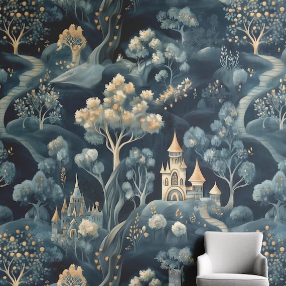Playroom Wallpaper Castle Fairytale Scene Mural Landscape Wall Covering Castlecore Childrens Room Kid Decor Nursery Mural Magical Wall Mural