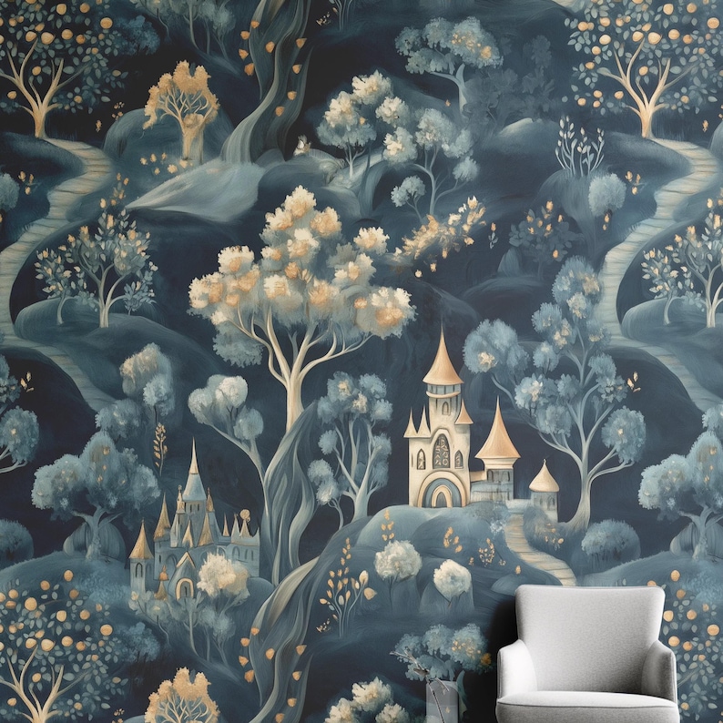 May include: A whimsical wallpaper design featuring a fantasy landscape with castles, winding paths, and lush trees in shades of blue, gold, and white. The artwork evokes a fairytale setting, perfect for a bedroom or living space.