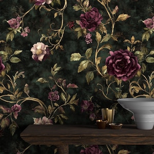 Victorian Rose Wallpaper Vintage Floral Dark Academia Moody Renter Goth Wallpaper Peel and Stick Designer Wallpaper Prepasted Black Bedroom