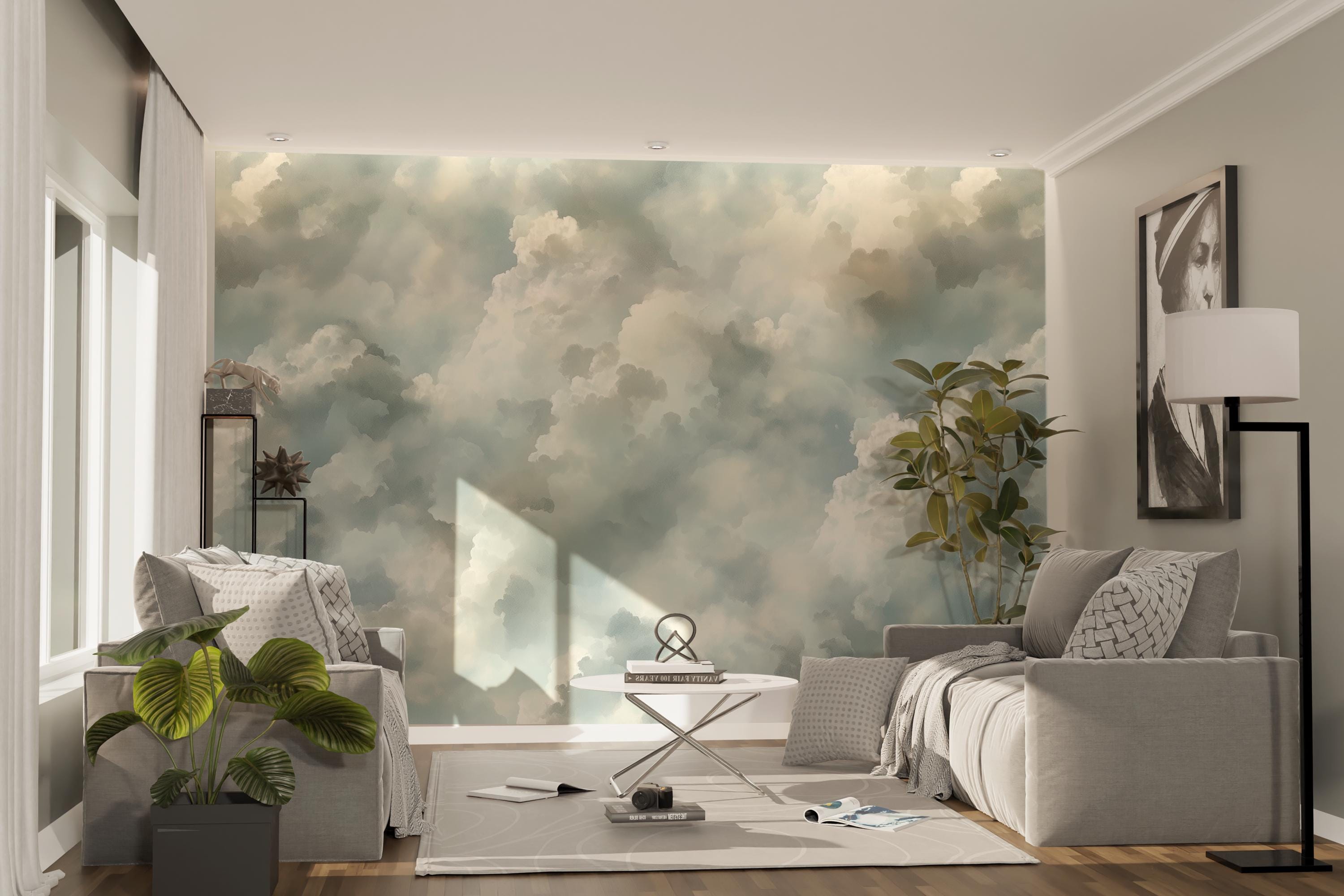 Cloud Wallpaper Light Blue Nursery Decor Cloudy Sky Blue Pastel Mural ...