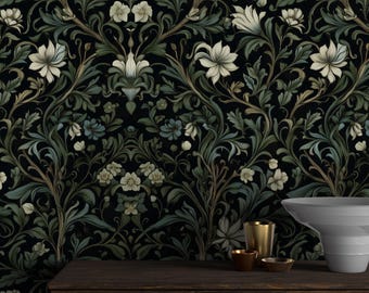 Dark Green Botanical Wallpaper Art Nouveau William Morris Removable Witchy Wallpaper Floral Peel and stick Dark Academia Library Decor Leafy