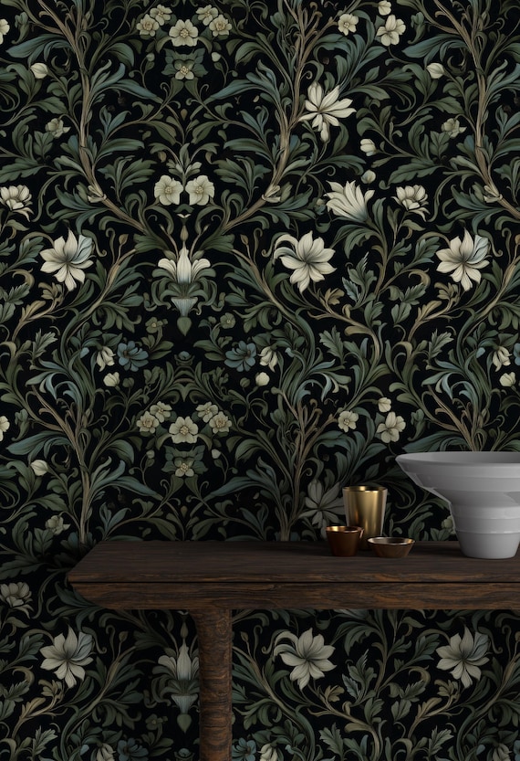 Dark Green Botanical Wallpaper Art Nouveau William Morris Removable Witchy Wallpaper Floral Peel and stick Dark Academia Library Decor Leafy