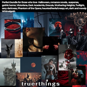 May include: A collage of images with a dark and moody aesthetic. The images include a red rose, a castle, a woman with red lips, a red moon, and a gothic-style chandelier. The text "truerthings" is at the bottom of the collage.