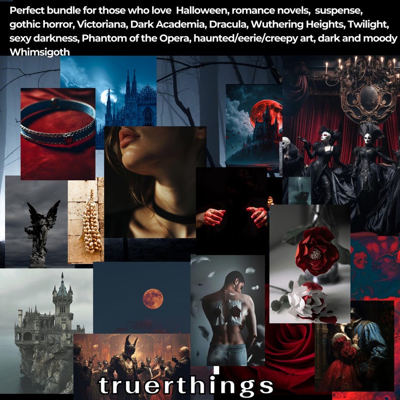 May include: A collage of images with a dark and moody aesthetic. The images include a red rose, a castle, a woman with red lips, a red moon, and a gothic-style chandelier. The text "truerthings" is at the bottom of the collage.