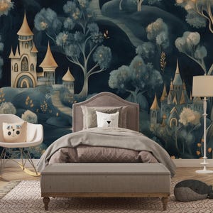 May include: A bedroom scene featuring a whimsical mural of castles and a forest. The room includes a bed with a gray headboard, a bench, a rocking chair, and a floor lamp. Decorative pillows with animal faces add a playful touch to the space. The color palette is dominated by blues, greens, and golds.