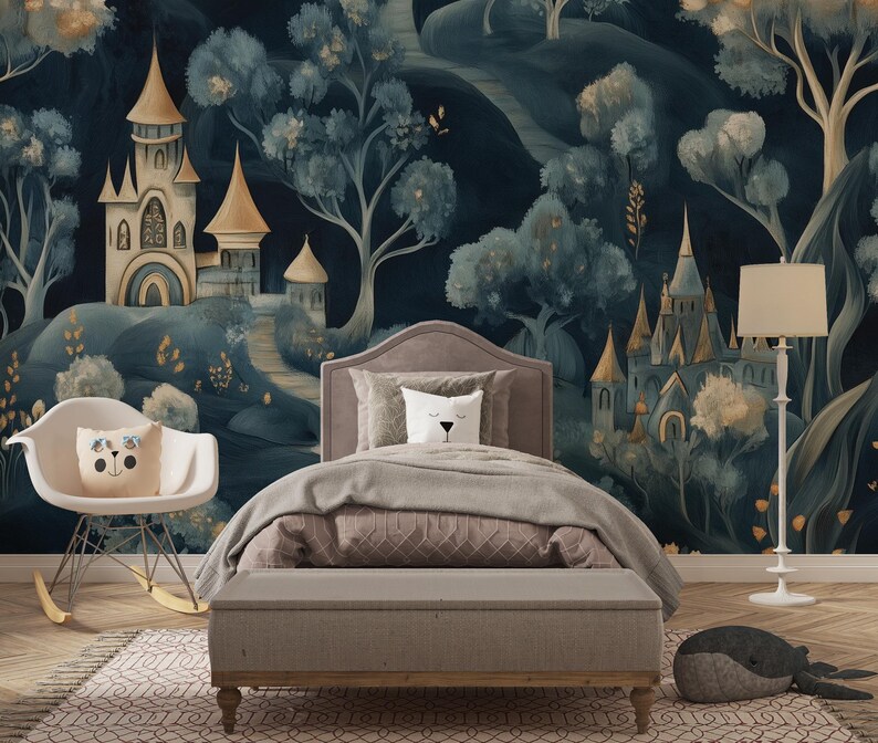 May include: A bedroom scene featuring a whimsical mural of castles and a forest. The room includes a bed with a gray headboard, a bench, a rocking chair, and a floor lamp. Decorative pillows with animal faces add a playful touch to the space. The color palette is dominated by blues, greens, and golds.
