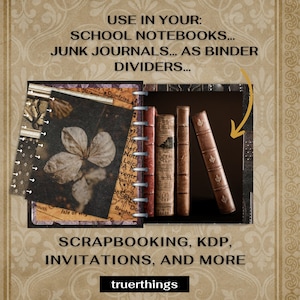 May include: A set of four vintage-style books with brown leather covers and gold accents. The books are stacked on a shelf and have a worn, antique look. The text "USE IN YOUR: SCHOOL NOTEBOOKS... JUNK JOURNALS... AS BINDER DIVIDERS... SCRAPBOOKING, KDP, INVITATIONS, AND MORE truerthings" is visible at the top and bottom of the image.