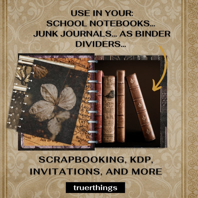 May include: A set of four vintage-style books with brown leather covers and gold accents. The books are stacked on a shelf and have a worn, antique look. The text "USE IN YOUR: SCHOOL NOTEBOOKS... JUNK JOURNALS... AS BINDER DIVIDERS... SCRAPBOOKING, KDP, INVITATIONS, AND MORE truerthings" is visible at the top and bottom of the image.