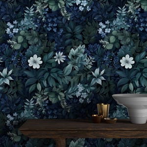 Floral Peel & Stick Wallpaper Dainty Botanical Blue Wall Covering for Bedroom Self Adhesive Cottagecore Decor Green Leafy Garden Wall aRT