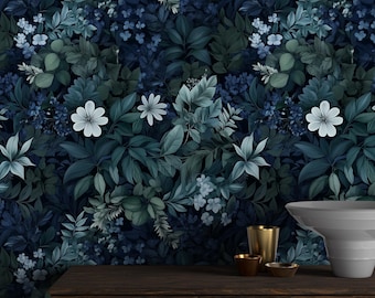 Floral Peel & Stick Wallpaper Dainty Botanical Blue Wall Covering for Bedroom Self Adhesive Cottagecore Decor Green Leafy Garden Wall aRT