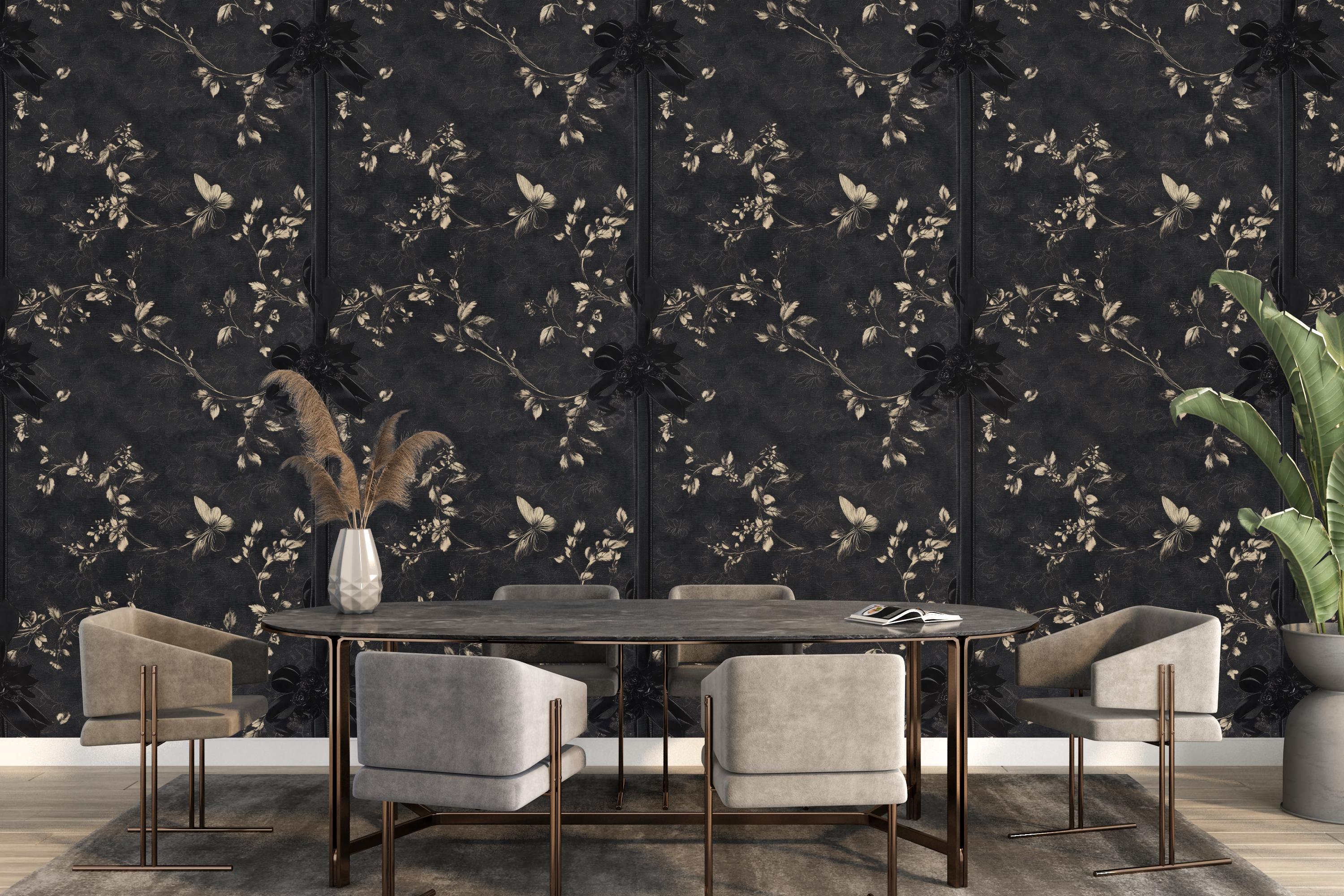 Gothic Wallpaper Black Stripe Grey Vintage Floral Wall Panel ...