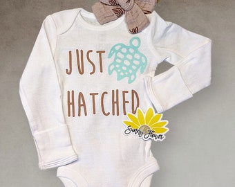 LIMITED! Sand and Seafoam Just Hatched Bodysuit | Sea Turtle, Newborn, Baby Shower Gift, Baby Announcement, Gerber Onesies® Brand, Newborn