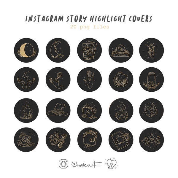 Instagram Highlight Icons Black and Gold, Witchy Instagram Story Covers, 20 Autumn IG Highlights, HandDrawn Fall Instagram Highlight Icons