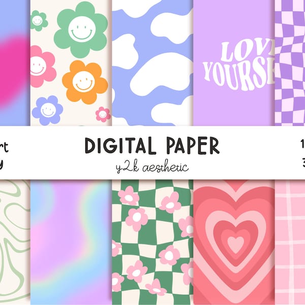 Y2K AESTHETIC Digital Paper - Scrapbook Papers Wallpaper Pattern - Digital Background - Printable Paper - Hand Painted Patterns - Retro Y2K