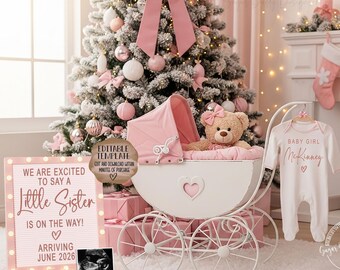 May include: A pink and white baby announcement scene with a Christmas tree, a vintage stroller, and a onesie. The sign says "We are excited to say a Little Sister is on the way! Arriving June 2026."
