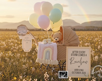 May include: A wicker baby carriage with a teddy bear inside, surrounded by pastel balloons and a sign that reads "After every storm comes a rainbow arriving October 2025".