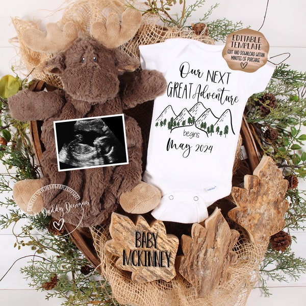 Our Next Great Adventure Pregnancy Announcement | Instagram Facebook Social Media Digital Announcement Idea | Mountain Camping Moose Theme