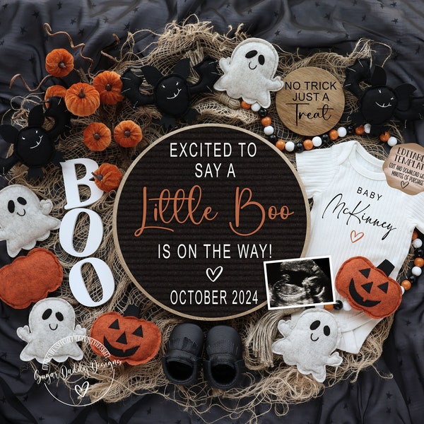 Halloween Pregnancy Announcement Digital, New Little Boo, Halloween Social Media, Instant Editable Template, October Baby Announcement