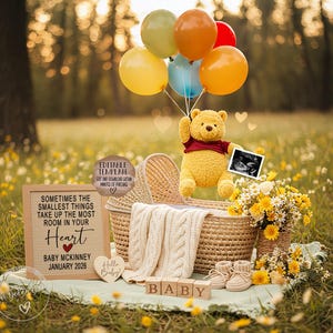 Winnie the Pooh Schwangerschaftansage, digitale Pooh-Bär-Babyansage, bearbeitbare Social-Media-Vorlage, geschlechtsneutrale Enthüllung, kleine Hunny