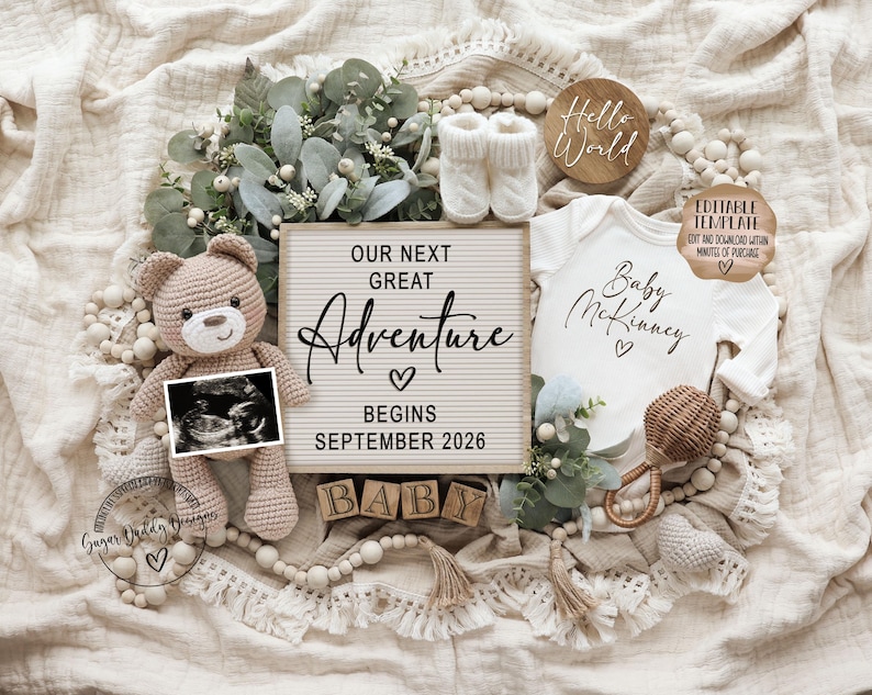 Adventure Pregnancy Announcement · Neutral Boho Teddy Bear Baby Reveal · Editable Digital Template image 10