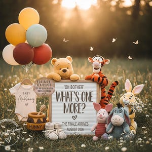 May include: A Winnie the Pooh themed baby announcement with plush characters, balloons, and a sign that reads "Oh Bother, What's One More? The Finale Arrives August 2026." Includes a onesie, honey pot, and baby shoes.