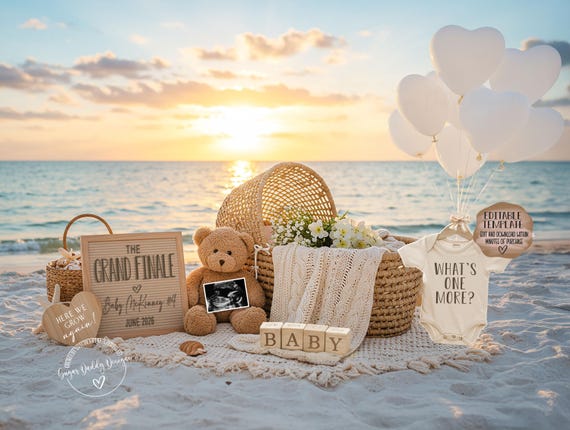Last Baby Announcement: Beach Grand Finale, Editable Digital Template